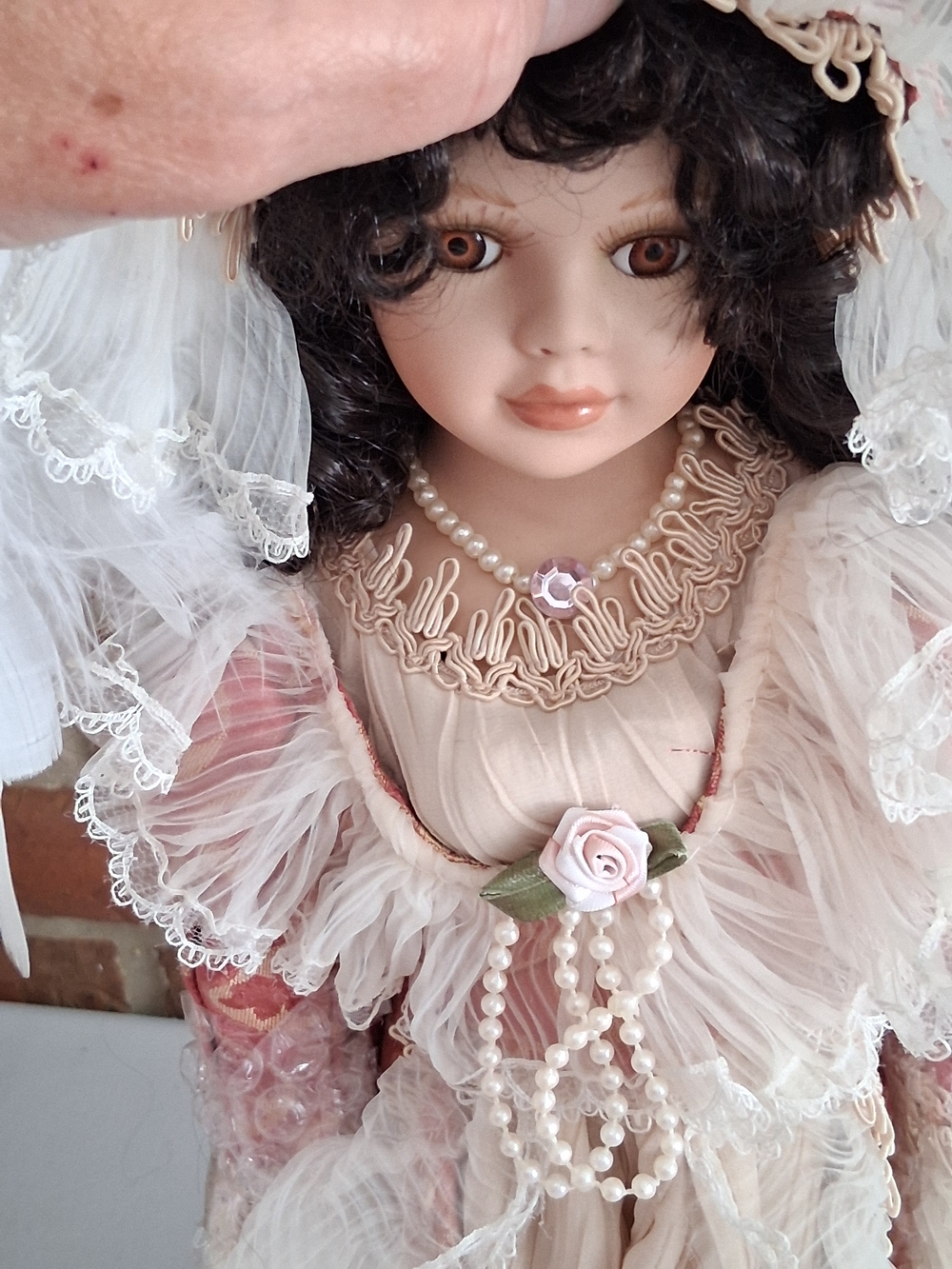 Porcelain Home Art Sculpture Doll in Cream and Pink by